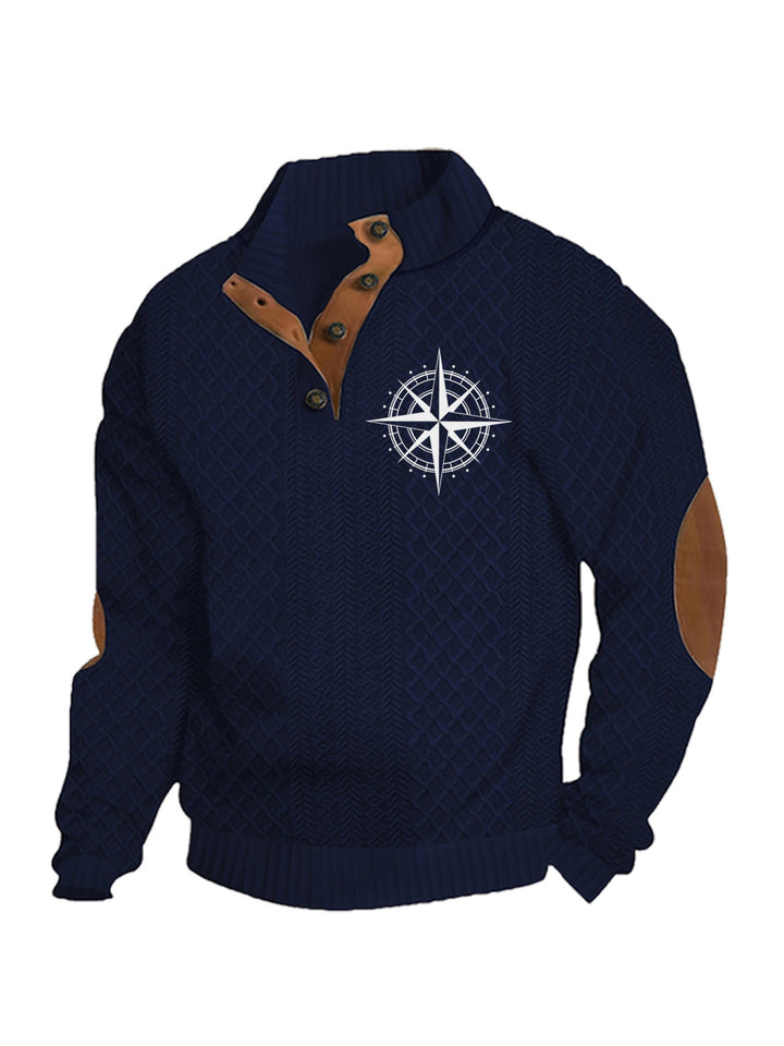 Men's nan Heritage textured pullover with stand-up collar faux leather trim elbow patches and half-button placket Mune Fashion