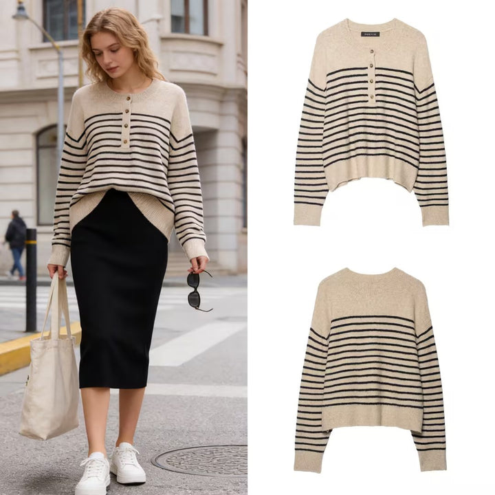 Women's Striped Fine Knit Henley Sweater with Dropped Shoulder and Ribbed Hem Mune Fashion