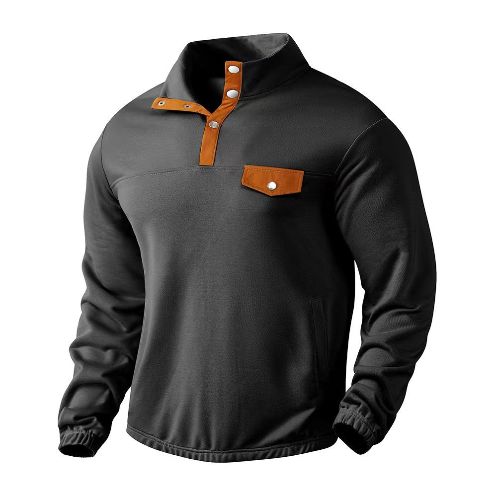 Men's Stand Collar Henley Sweatshirt with Snap Placket and Patch Chest Pocket Mune Fashion