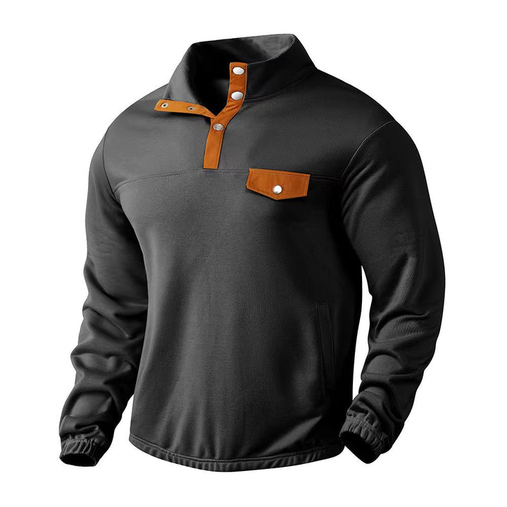 Men's Stand Collar Henley Sweatshirt with Snap Placket and Patch Chest Pocket Mune Fashion