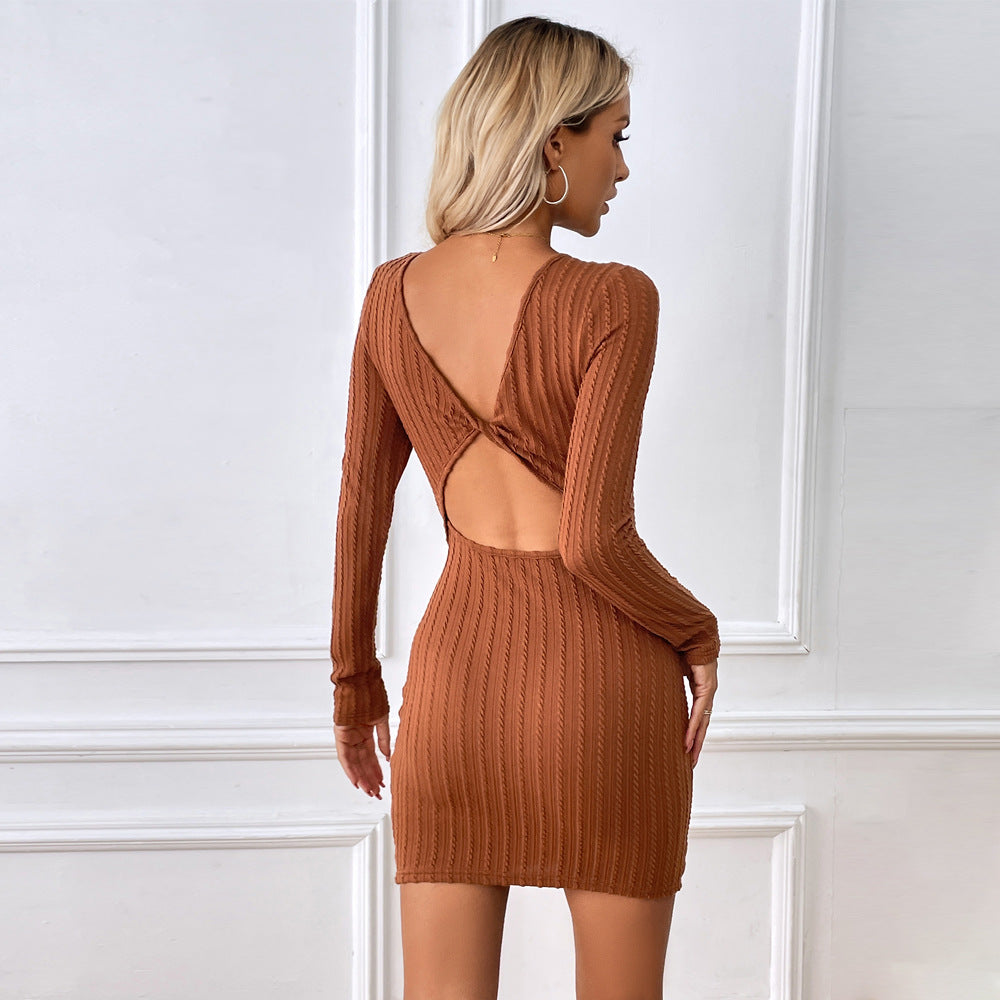 Women's form-fitting ribbed long-sleeve mini dress with round neckline and shaping stretch jersey fabric