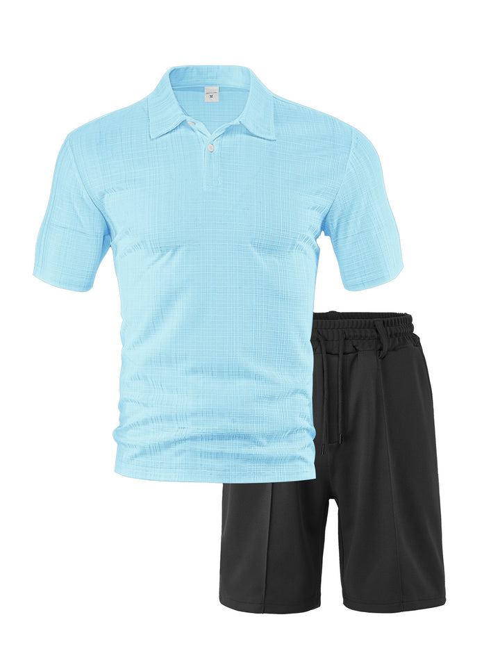 Men's two-piece summer travel set with textured short-sleeve polo shirt and functional mesh shorts Mune Fashion