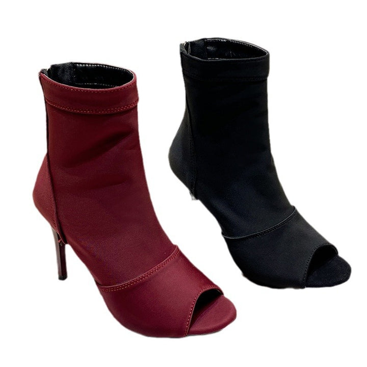 Women's Open Toe Ankle Boots with Stretch Shaft and Slim Stiletto Heel Mune Fashion