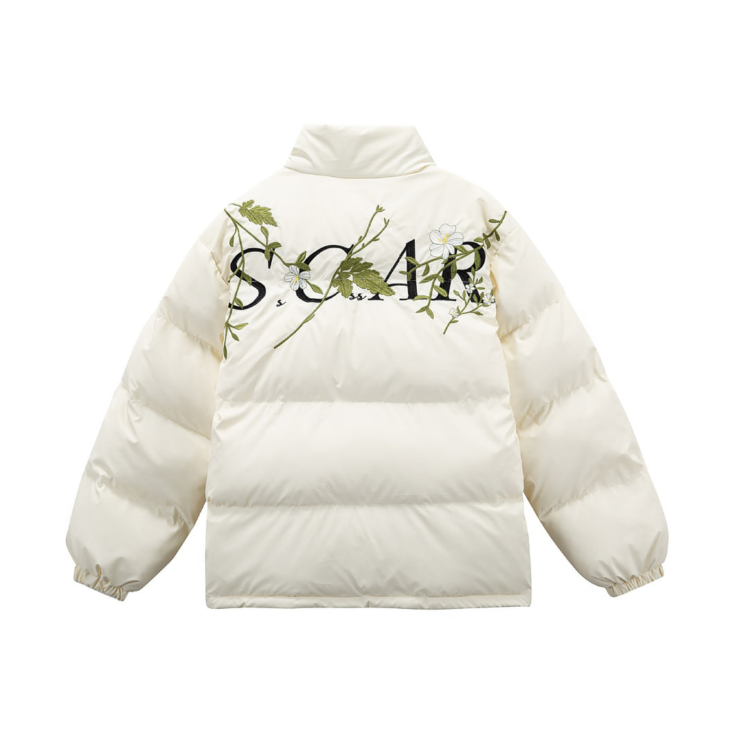 Women's Padded Oversized Quilted Jacket with Stand-up Collar and Floral Embroidery Mune Fashion