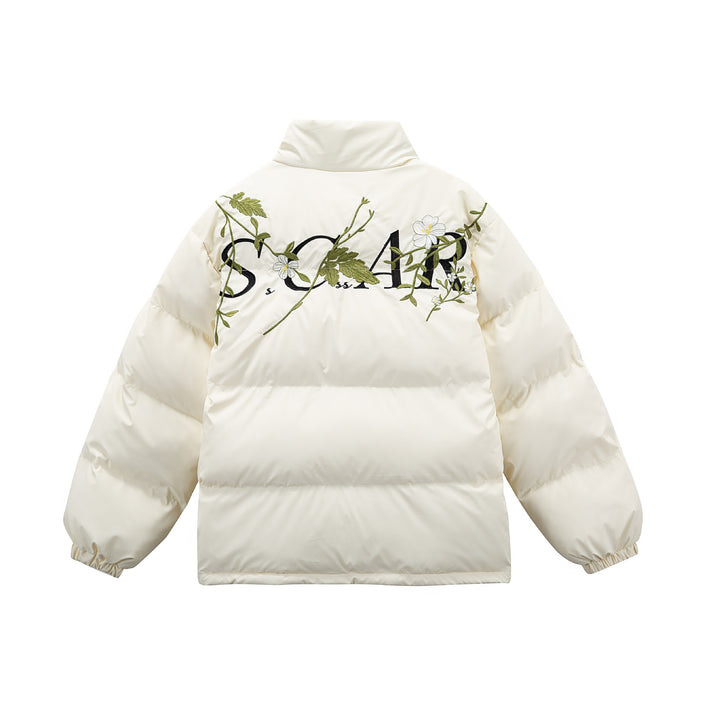 Women's Padded Oversized Quilted Jacket with Stand-up Collar and Floral Embroidery Mune Fashion