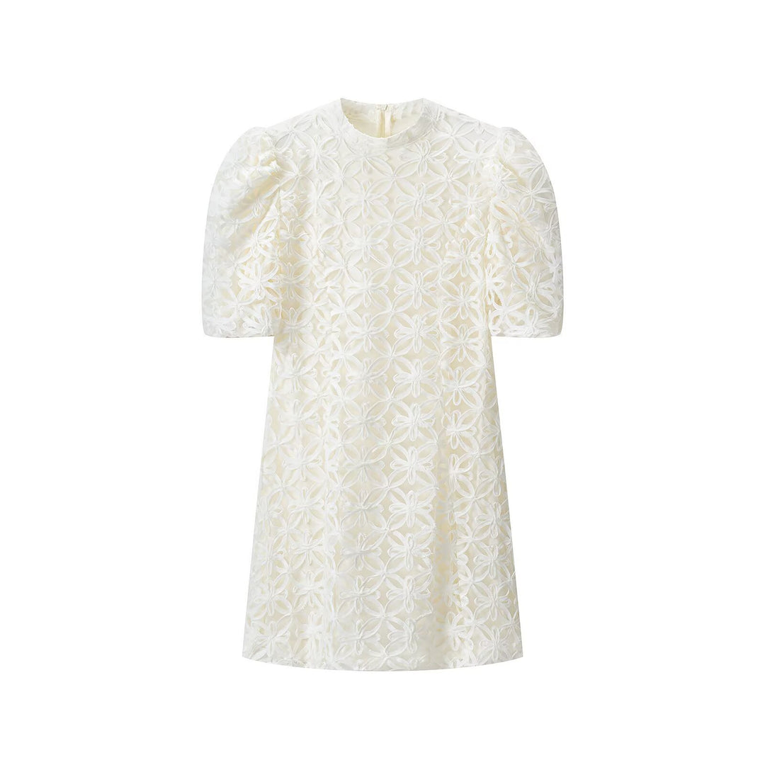 Women A-line Mini Dress with three-dimensional flower embroidery and puff sleeves Mune Fashion