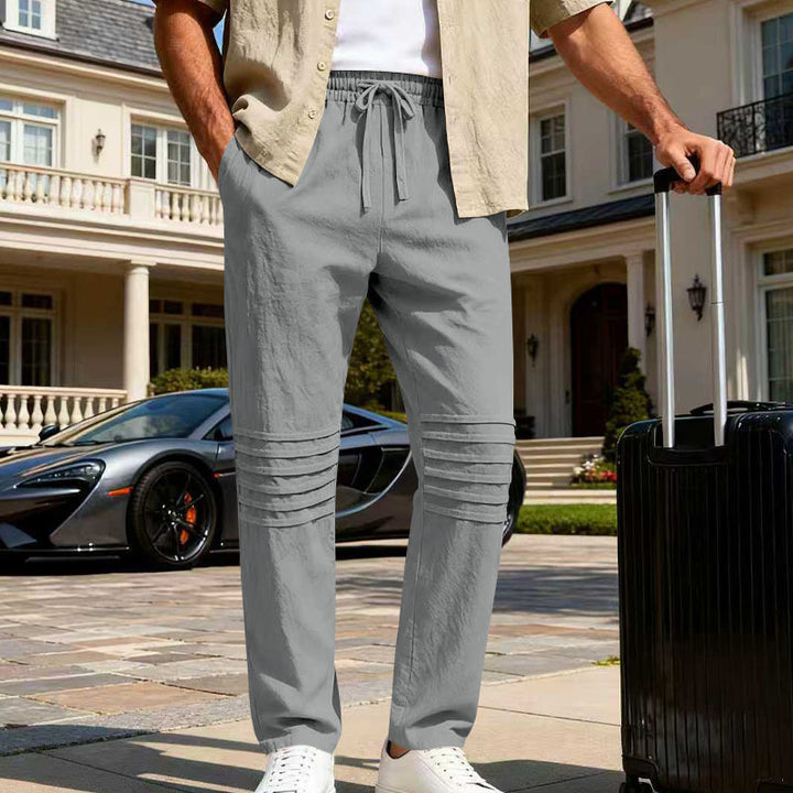 Men's Linen Look Lounge Pants with Drawstring Elastic Waistband and Quilted Knee Panels Mune Fashion
