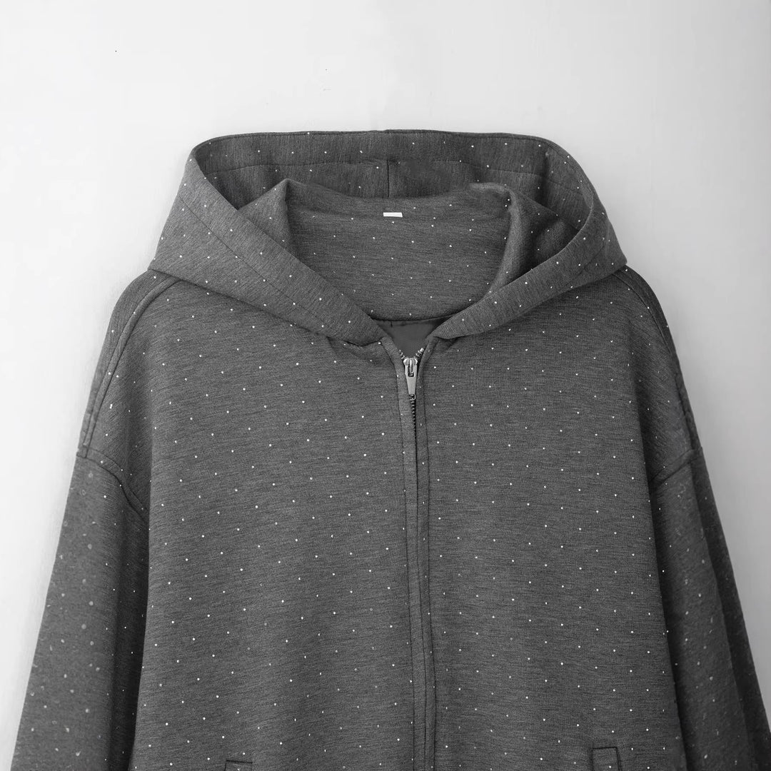 Women's Oversized Hoodie Jacket with Full Zip, Elastic Hem, and Subtle Dot Pattern Mune Fashion