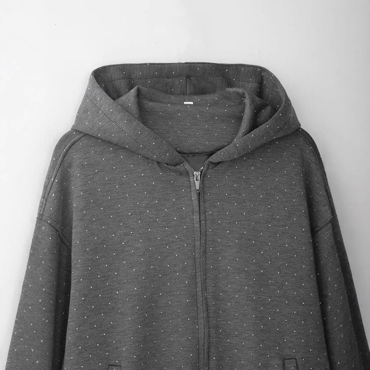 Women's Oversized Hoodie Jacket with Full Zip, Elastic Hem, and Subtle Dot Pattern Mune Fashion