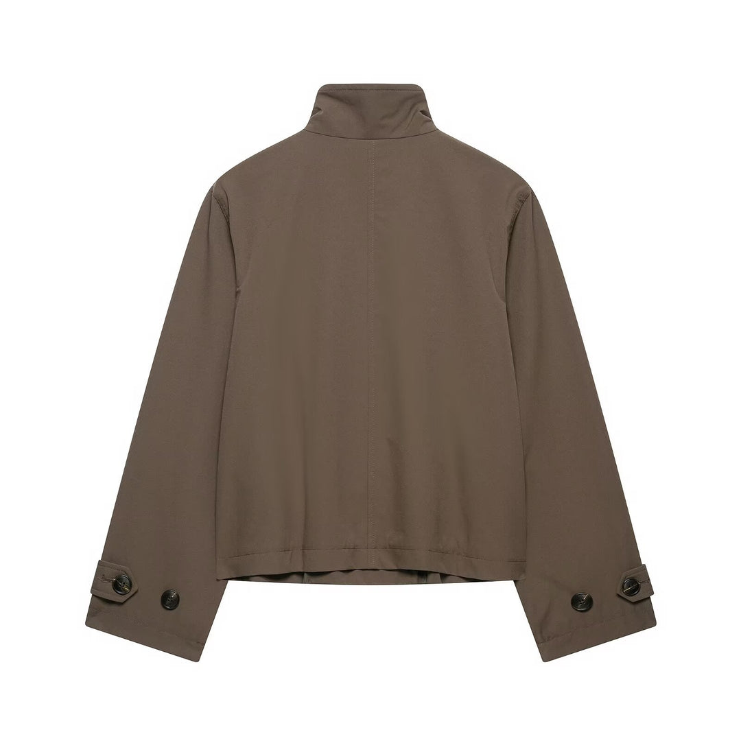 Women's Short Cut Double-Breasted Trench Coat with Stand Collar and Adjustable Sleeve Straps Mune Fashion