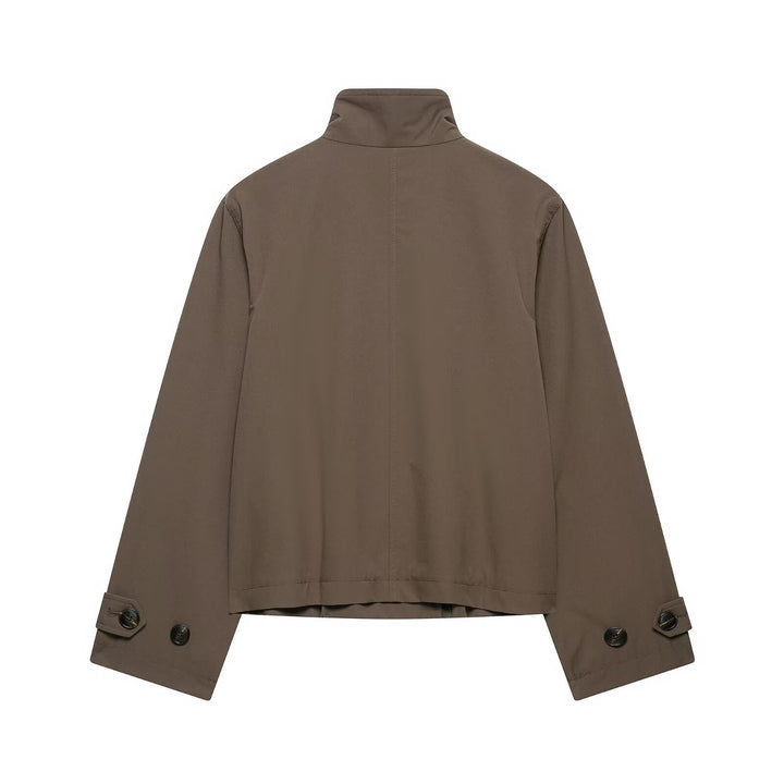 Women's Short Cut Double-Breasted Trench Coat with Stand Collar and Adjustable Sleeve Straps Mune Fashion