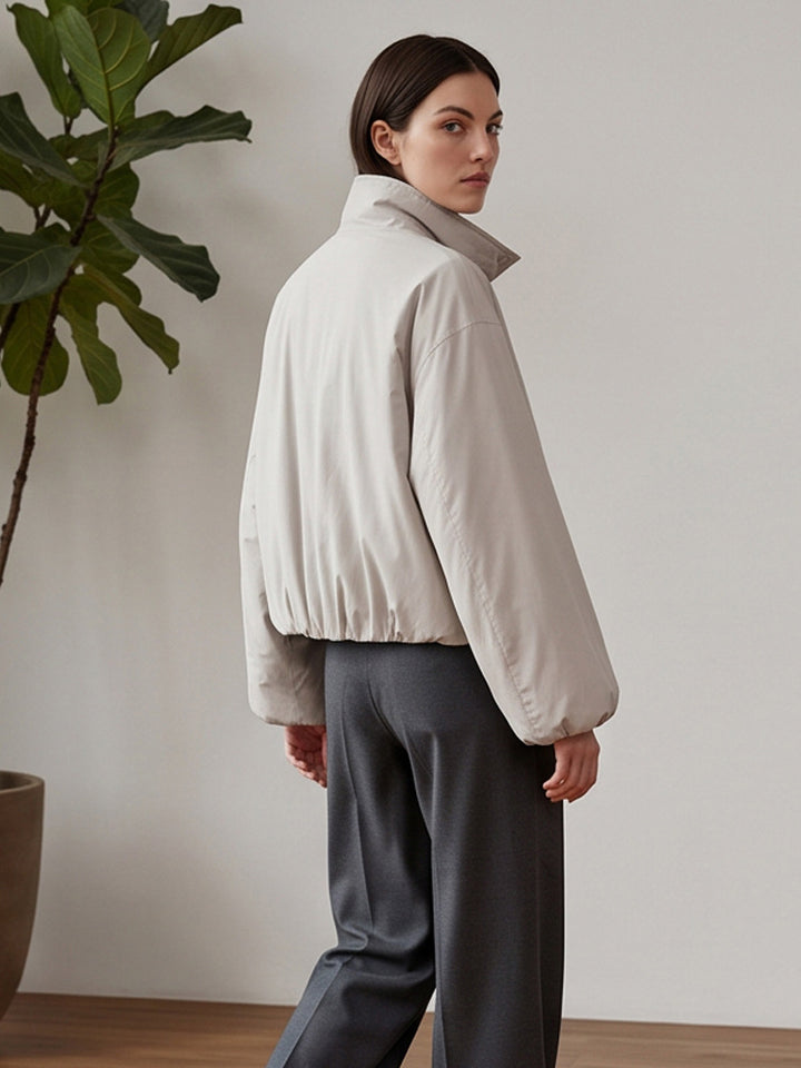 Women's Short Cut Stand Collar Bomber Jacket with Elastic Hem and Raglan Sleeves Mune Fashion