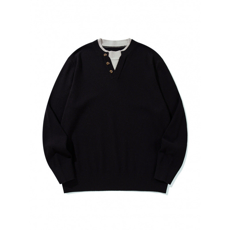 Unisex knit sweater with Henley button placket, contrast collar and boxy cut Mune Fashion
