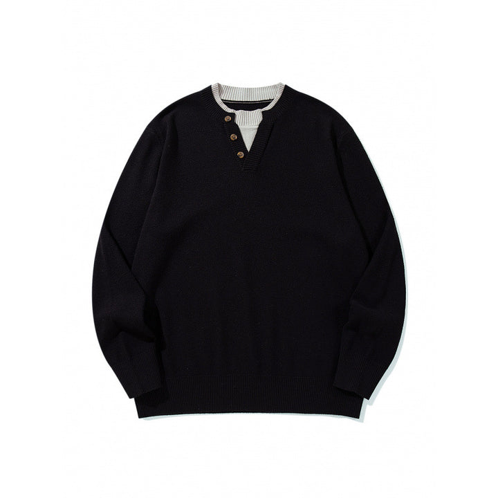 Unisex knit sweater with Henley button placket, contrast collar and boxy cut Mune Fashion