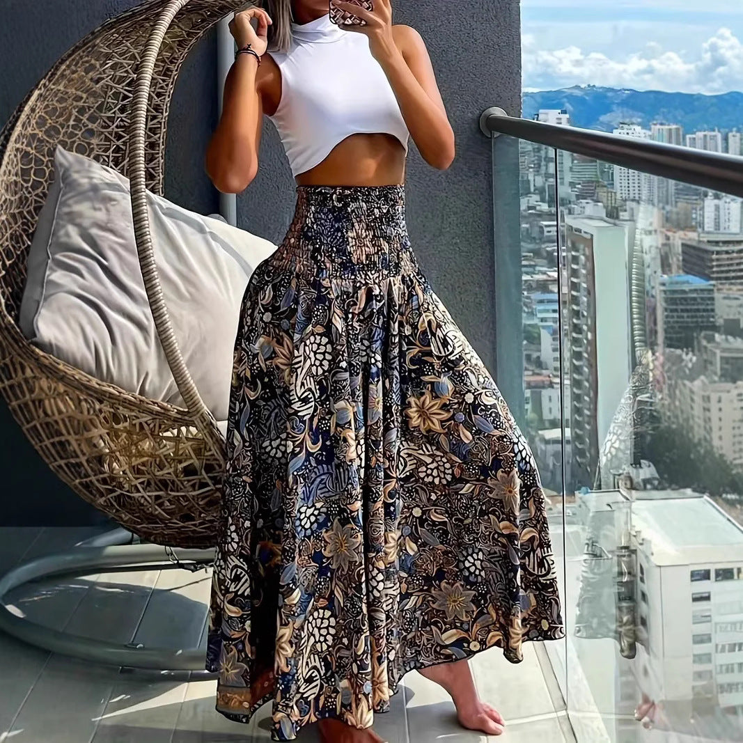 Women's maxi skirt with high smocked waistband and floral paisley look Mune Fashion