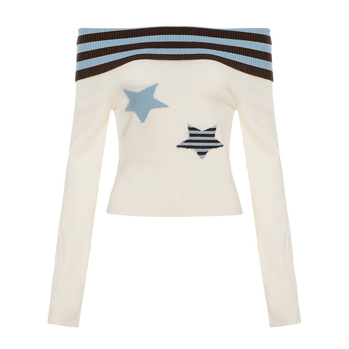 Women's Off-Shoulder Fine Knit Sweater with Fold-Down Collar and Star Application Mune Fashion
