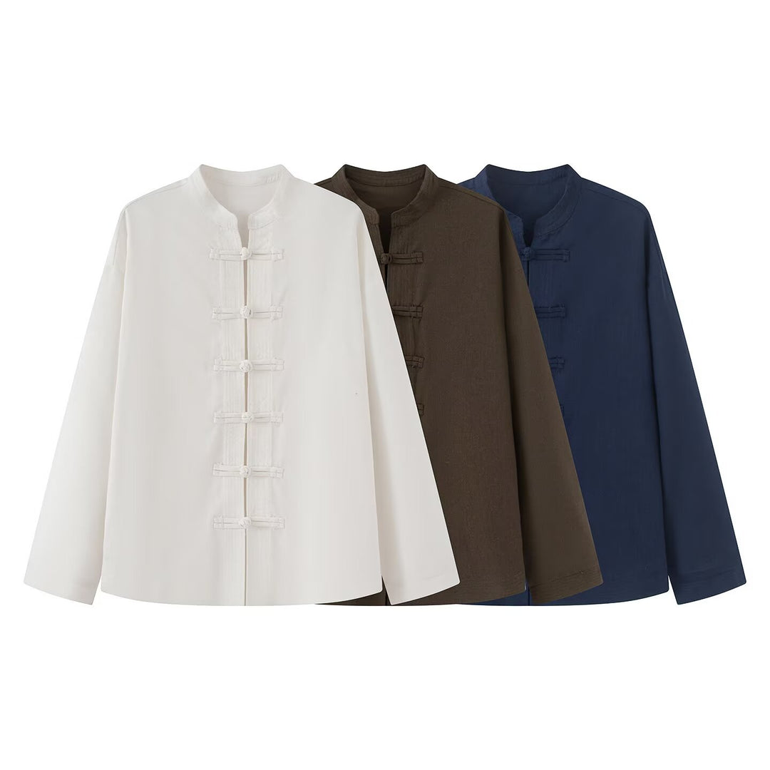Women Loose Fit Blouse in Mandarin Look with Knot Buttons Mune Fashion