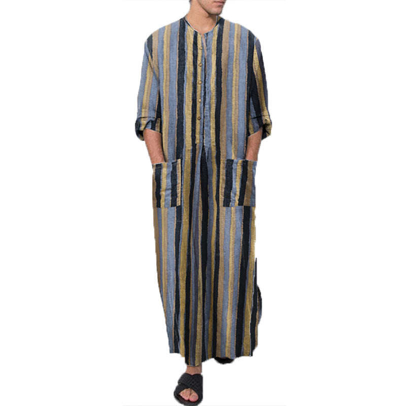 Men's ankle-length striped linen blend kaftan with stand-up collar and patch waist pockets Mune Fashion