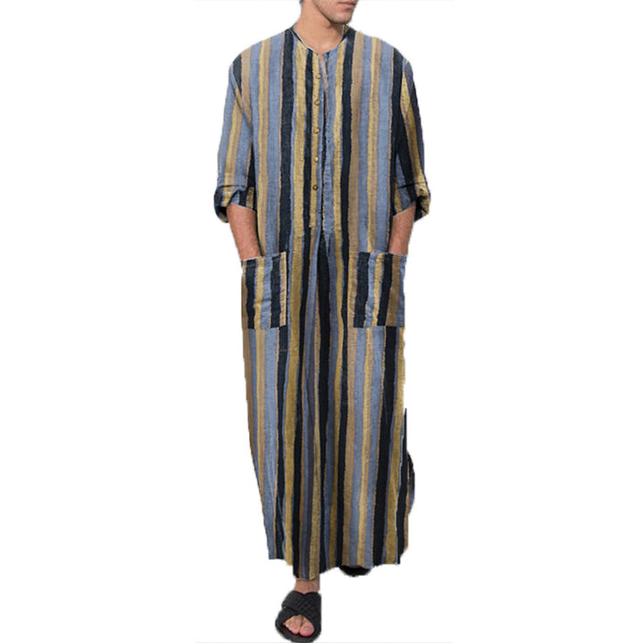 Men's ankle-length striped linen blend kaftan with stand-up collar and patch waist pockets Mune Fashion
