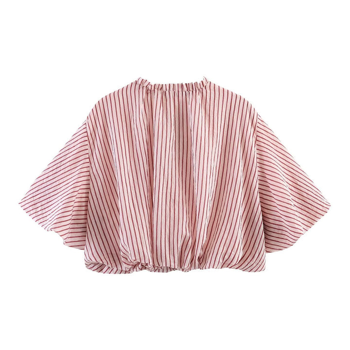 Women's Striped Oversize Blouse with Tassel Band and Volume Sleeves Mune Fashion