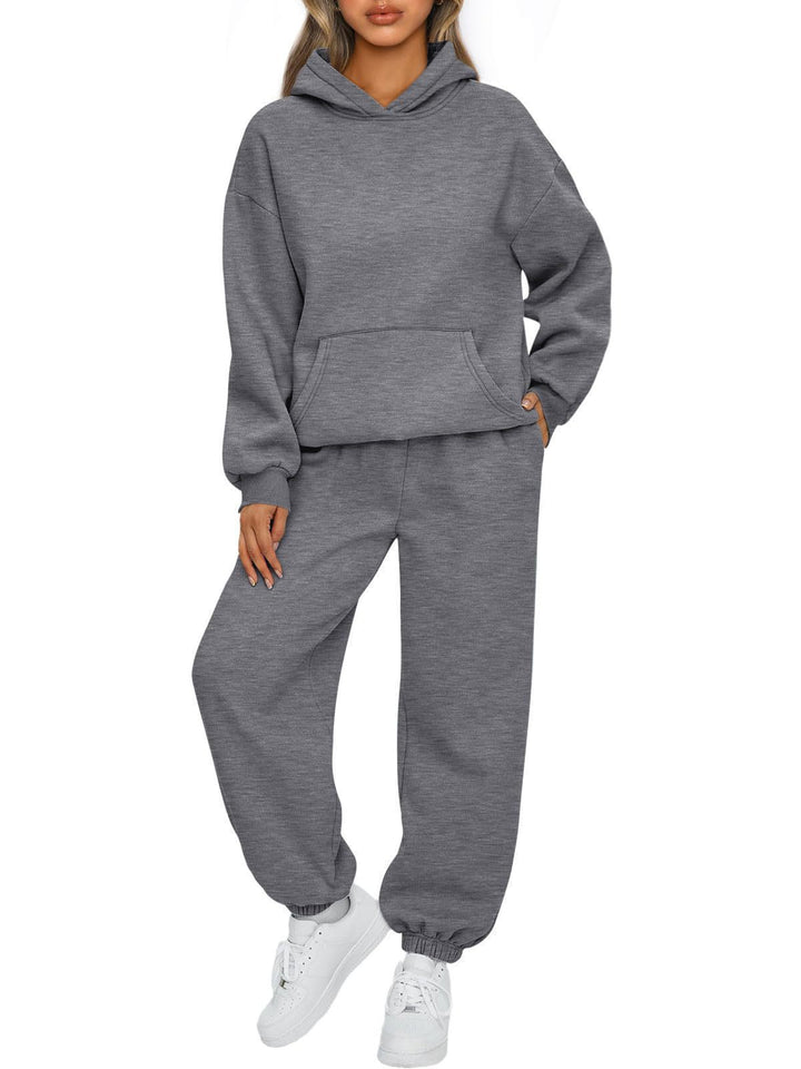 Women's cozy French-Terry loungewear set with double-layer hood, kangaroo pocket, and elastic ankle jogger Mune Fashion