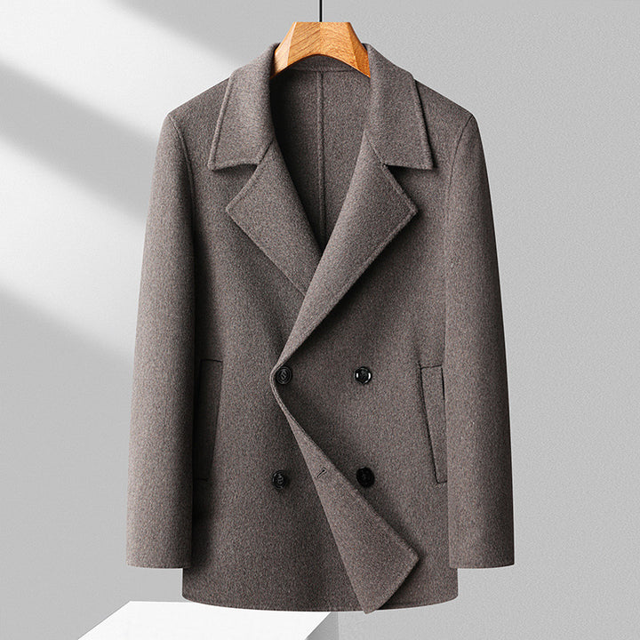 Men's Double-Breasted Wool Short Coat with Lapel Collar Mune Fashion