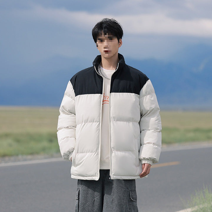 Men's Oversized Quilted Jacket with Colorblock Shoulder, High Stand Collar & Windproof Padding Mune Fashion