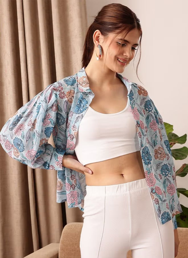 Women Light Chiffon Blouse with Floral Allover Print and Balloon Sleeves Drune