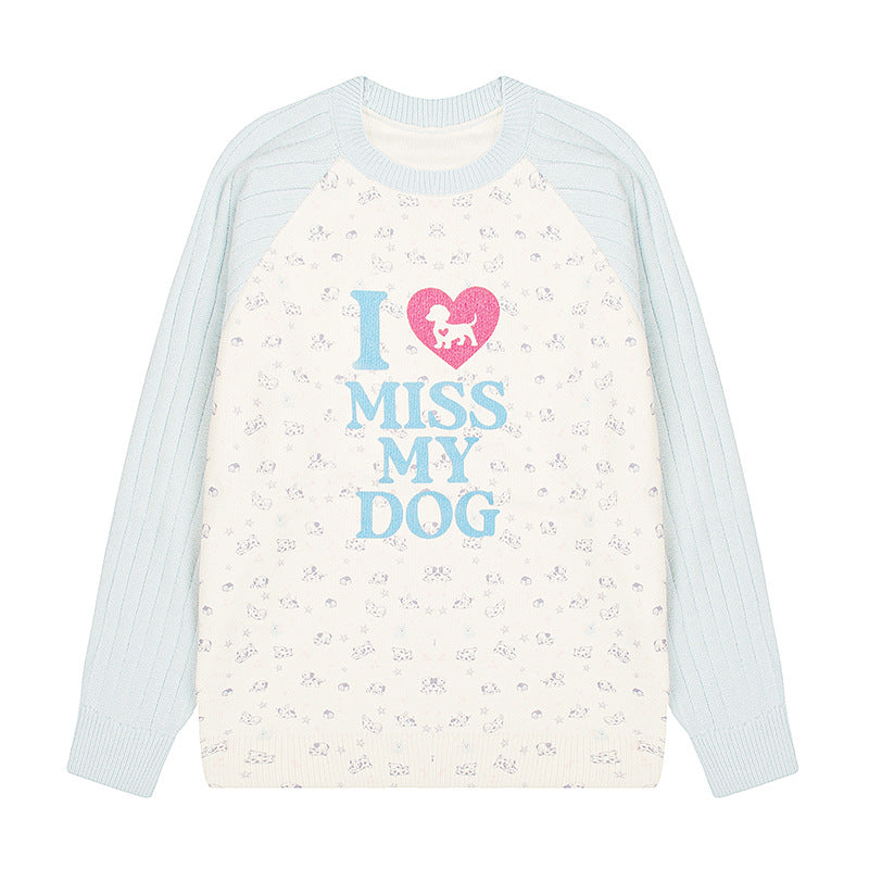 Women's knit sweater with raglan sleeves, allover dog motif and statement print Mune Fashion