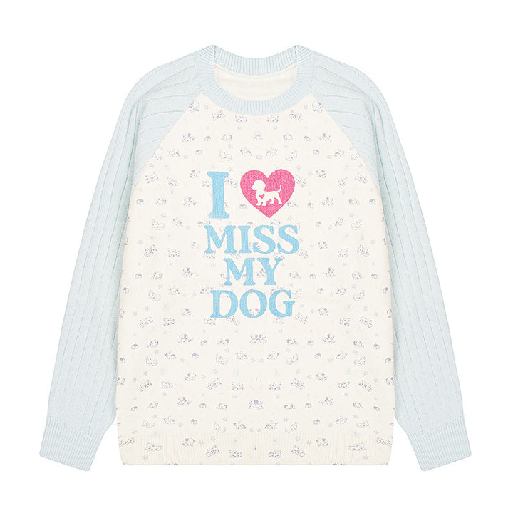 Women's knit sweater with raglan sleeves, allover dog motif and statement print Mune Fashion