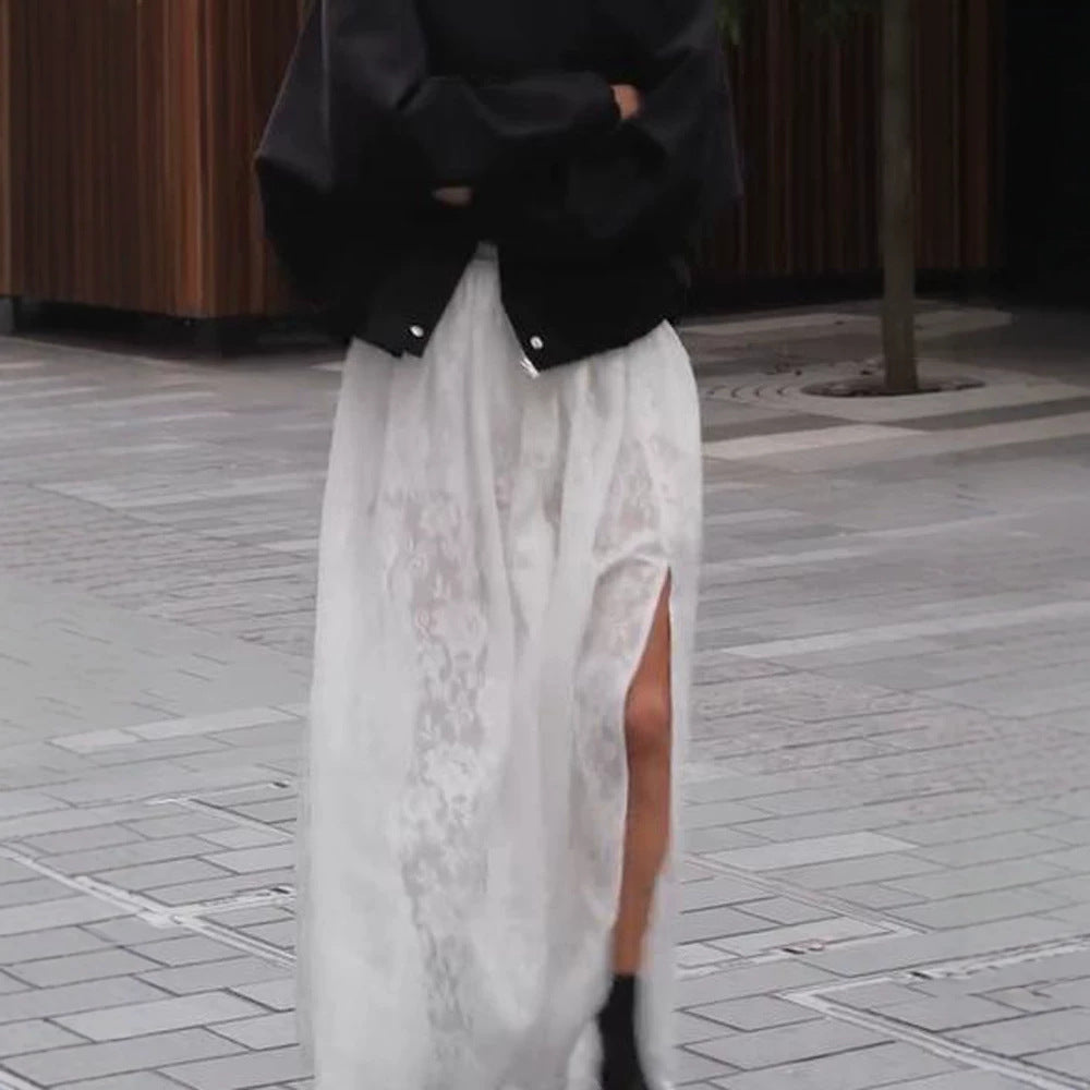 Women’s maxi skirt made of transparent lace with high slit and elastic waistband Mune Fashion