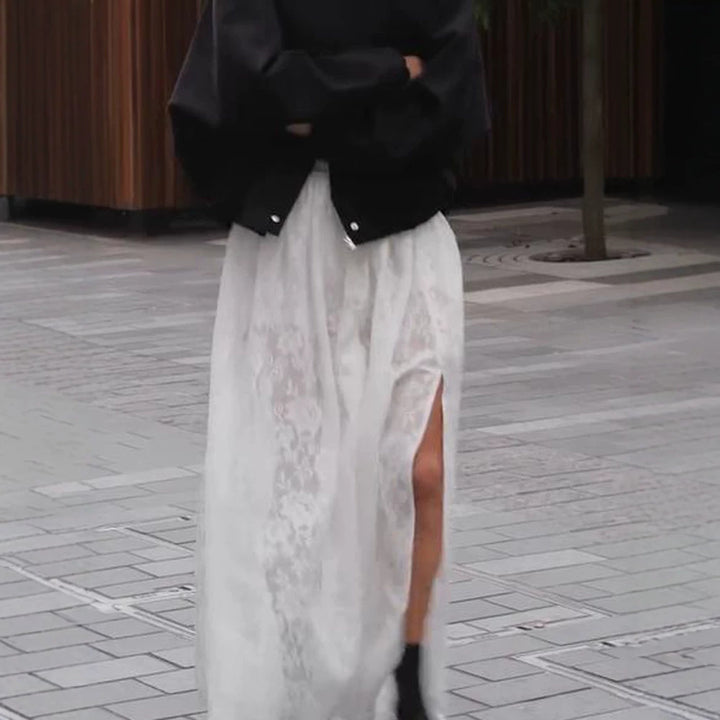 Women’s maxi skirt made of transparent lace with high slit and elastic waistband Mune Fashion
