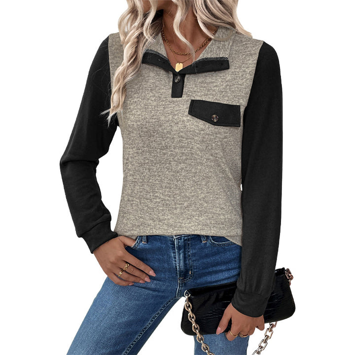 Women Two-Tone Long Sleeve Shirt with Contrast Sleeves, Henley Button Placket and Chest Pocket Mune Fashion