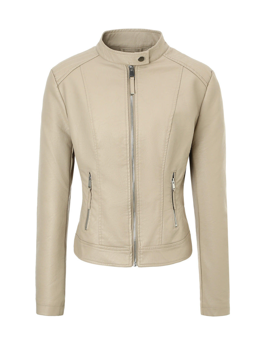 Women's Slim-Fit Biker Leather Jacket with Stand Collar Mune Fashion