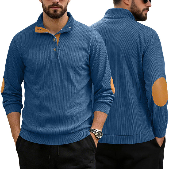 Men's casual structured sweater with polo collar, short button placket and vegan leather trims Mune Fashion