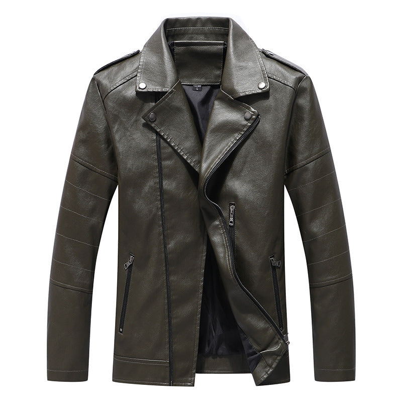 Men's biker leather-look jacket with asymmetrical zipper, shoulder patches, and quilted sleeve section Mune Fashion