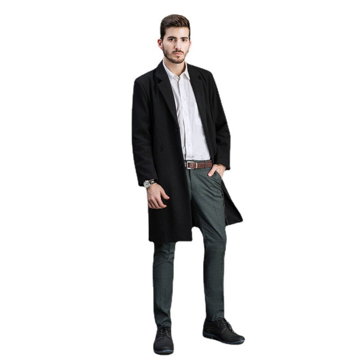 Men Timeless Long Wool Coat with Slim Lapel and Two-Button Closure Mune Fashion