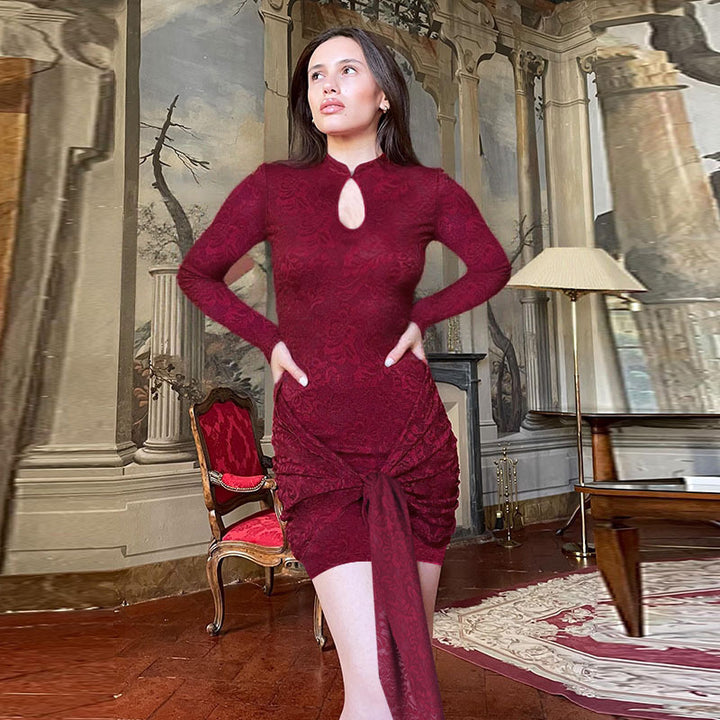 Women Tailored Jacquard Mini Dress with Draped Knot and Long Sleeve Mune Fashion