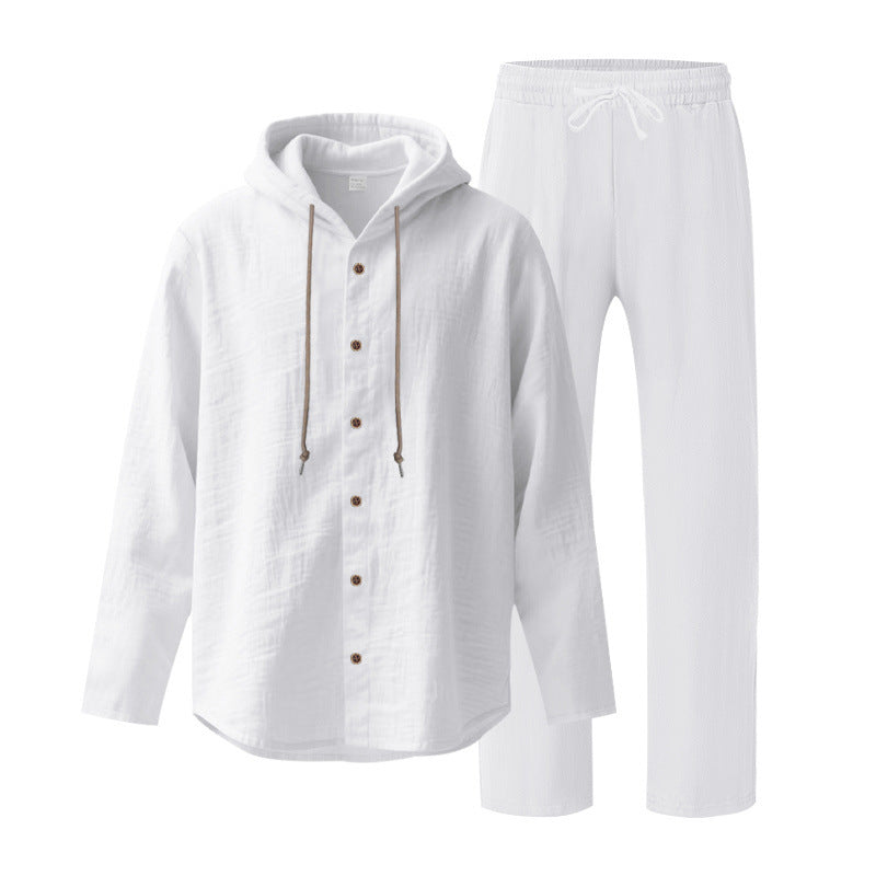 Men's two-piece lounge set with button hoodie shirt made of crepe jersey and straight drawstring pants Mune Fashion