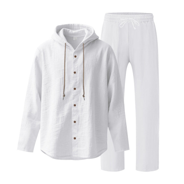 Men's two-piece lounge set with button hoodie shirt made of crepe jersey and straight drawstring pants Mune Fashion