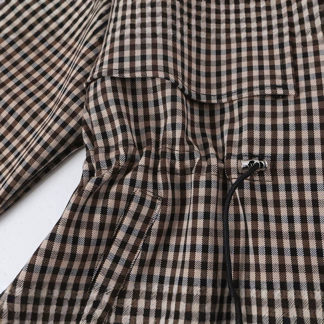 Women's Short Checked Trench Coat with Drawstring Waist and Wide Lapels Mune Fashion