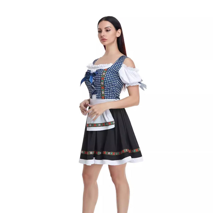 Women's traditional Bavarian dirndl with laced bodice, short skirt length and apron Mune Fashion