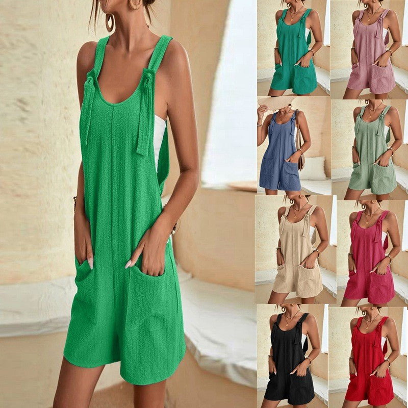 Women Summer Overall with Knot Straps and Patch Pockets Mune Fashion