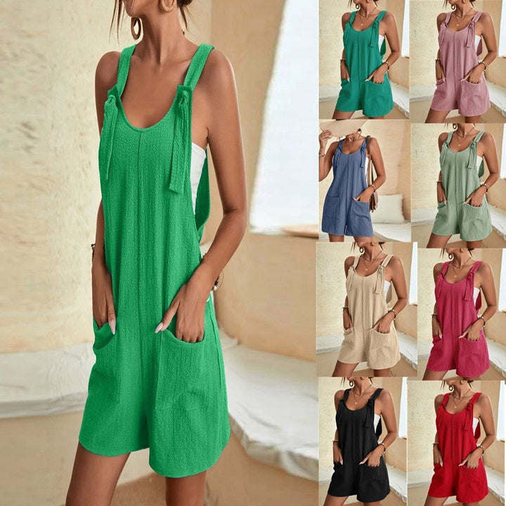 Women Summer Overall with Knot Straps and Patch Pockets Mune Fashion
