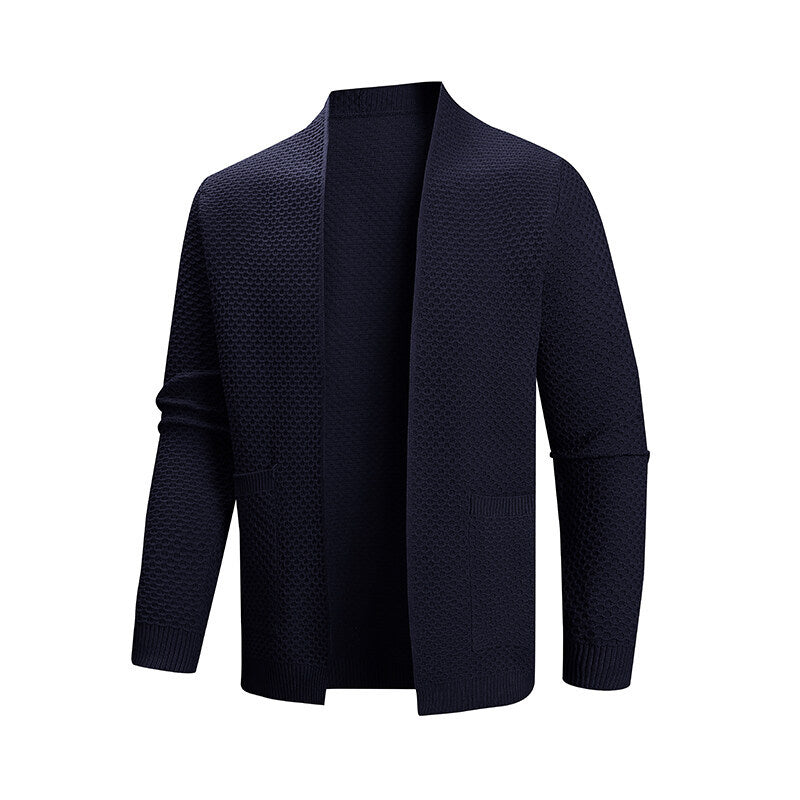 Men's cardigan with open waffle knit and shawl collar, patch pockets, and ribbed cuffs Mune Fashion
