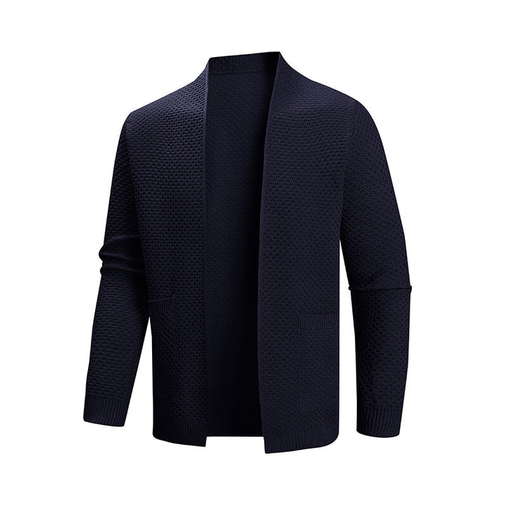 Men's cardigan with open waffle knit and shawl collar, patch pockets, and ribbed cuffs Mune Fashion