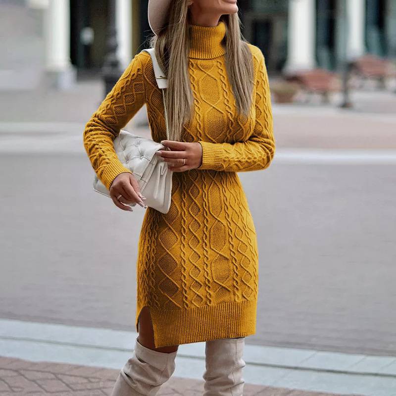 Women's figure-hugging knitted dress with roll neck, cable pattern, side slit and ribbed hem Mune Fashion