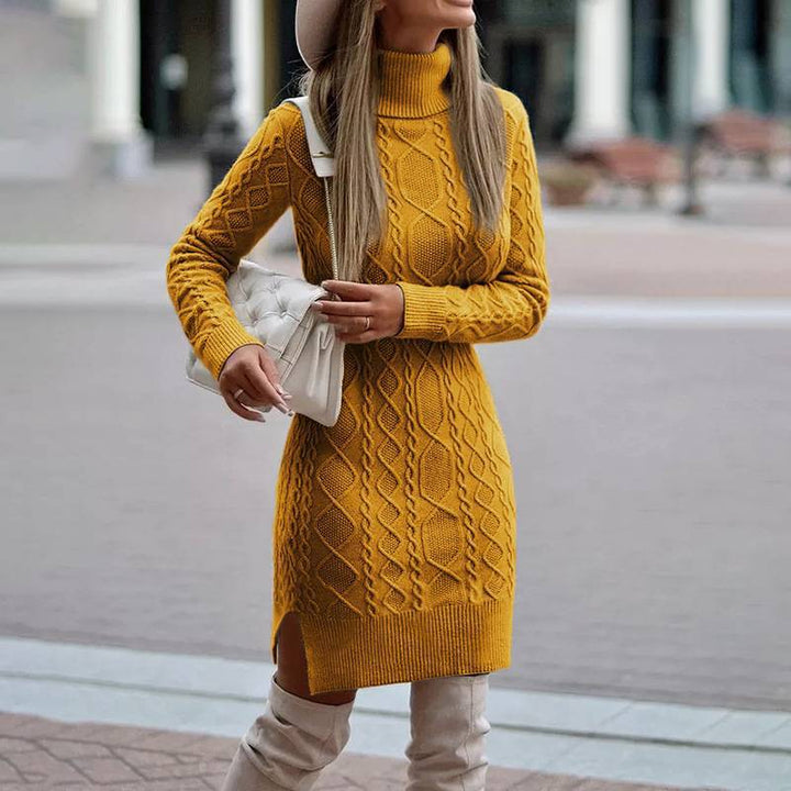 Women's figure-hugging knitted dress with roll neck, cable pattern, side slit and ribbed hem Mune Fashion