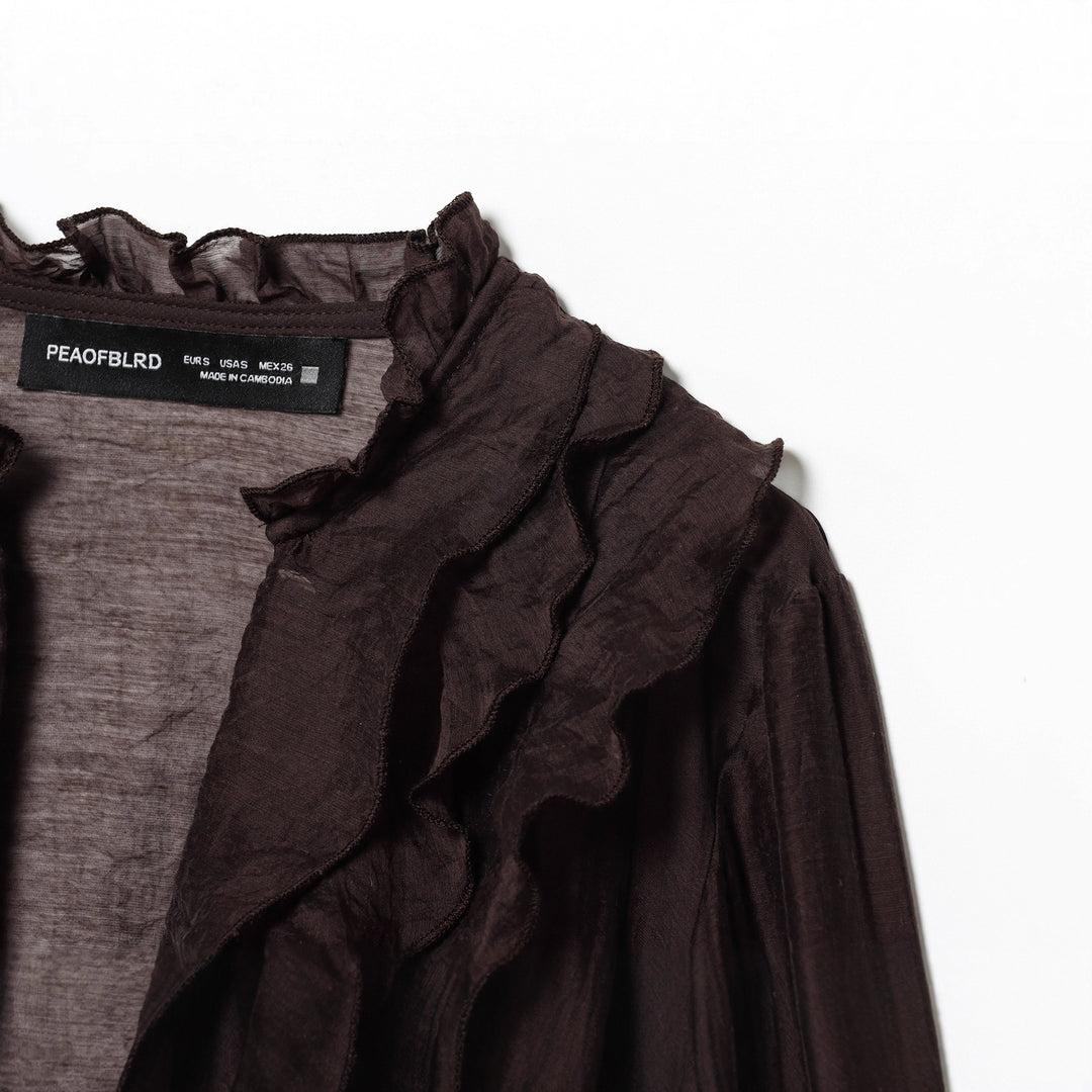 Women's delicate ruffle blouse made of crinkle chiffon with stand-up collar and balloon sleeves Mune Fashion