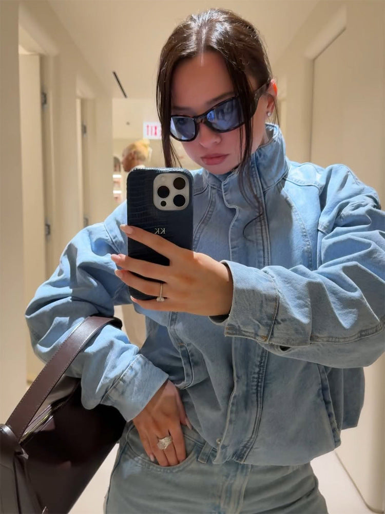 Women's Cropped Denim Jacket in Bomber Style with High Standing Collar and Oversized Sleeves Mune Fashion